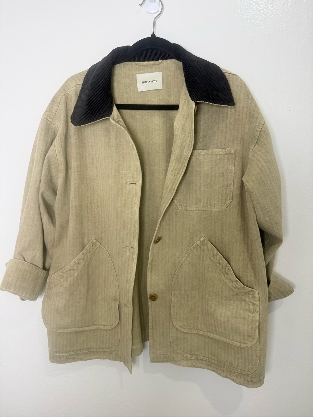 Shaina Mote Painter Coat Ecru Herringbone Cotton Barn Jacket Size Small - Picture 5 of 11